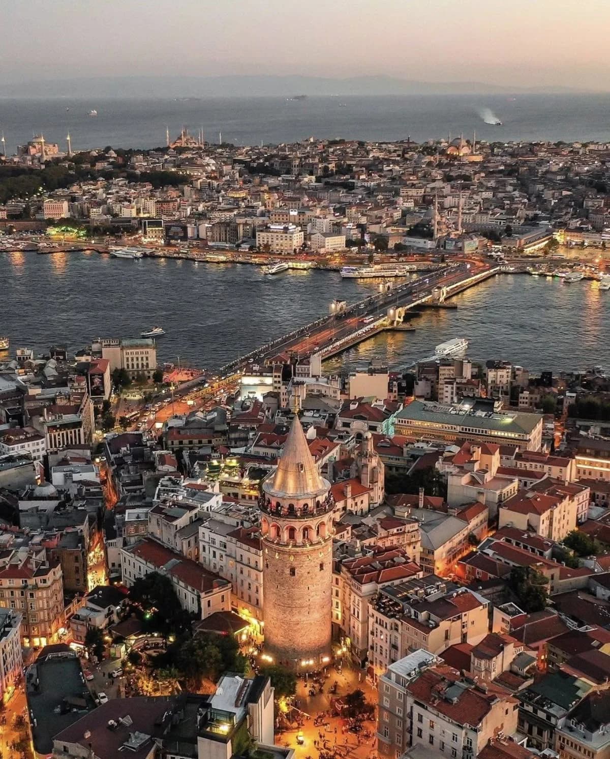 Aerial view of Istanbul at dusk — Galata Tower and the Golden Horn